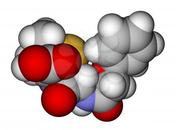 Optimized molecular structure of penicillin V (phenoxymethylpenicillin) on a white background