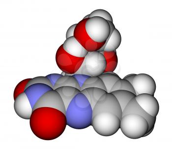 Optimized molecular structure of riboflavin (vitamin B2) on a white background