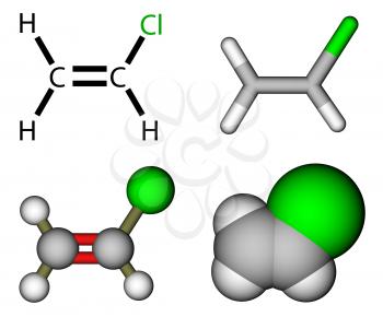 Vinyl chloride structural formula and molecular models isolated on a white background