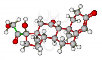 Optimized molecular structure of hormone cortisone on a white background