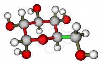 Optimized molecular structure of glucose (?-D-glucopyranose) on a white background