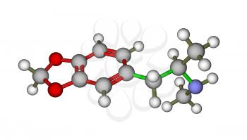 Calculated and optimized molecular structure of MDMA (3,4-Methylenedioxymethamphetamine or ecstasy; R-enantiomer) on a white background