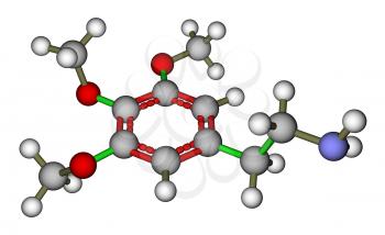 Optimized molecular structure of psychedelic mescaline on a white background