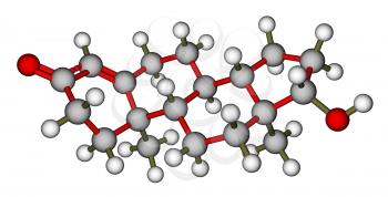 Optimized molecular structure of male hormone testosterone on a white background