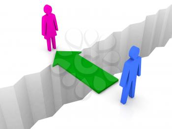 Bridge from man to woman through separation crack. Concept 3D illustration.