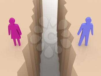 Man and woman split on sides, separation crack. Concept 3D illustration.