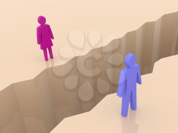 Man and woman split on sides, separation crack. Concept 3D illustration.