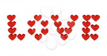 Red hearts set in word LOVE. Concept 3D illustration.