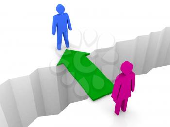 Bridge from woman to man through separation crack. Concept 3D illustration. 