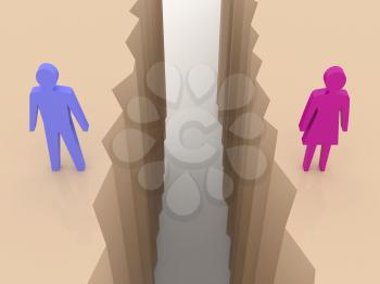 Man and woman split on sides, separation crack. Concept 3D illustration.