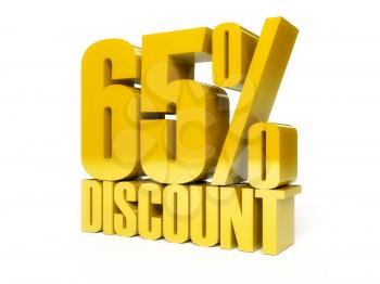 65 percent discount. Golden shiny text. Concept 3D illustration.