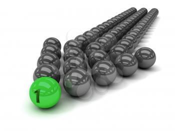 Grey arrow of the balls with the green leader in front. Concept 3D illustration