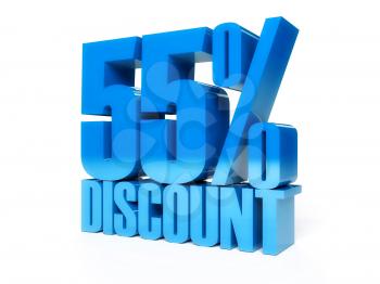 55 percent discount. Blue shiny text. Concept 3D illustration.