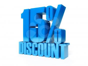 15 percent discount. Blue shiny text. Concept 3D illustration.