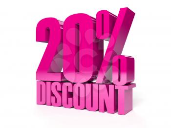 20 percent discount. Pink shiny text. Concept 3D illustration.