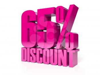 65 percent discount. Pink shiny text. Concept 3D illustration.