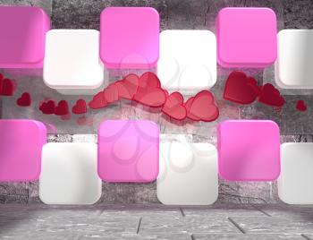 background relative to valentines day. Hearts icons between pink and white boxes in empty concrete room. 3D rendering