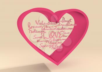 Love and heart. Heart shaped keyhole filled by words relative St. Valentines day. Image for greeting. Cutout silhouette of the heart,