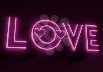 San Valentine card with neon shine LOVE word in 3D effect. Glowing letters. Outline text