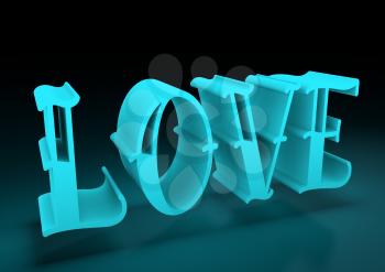 San Valentine card with neon shine LOVE word in 3D effect. Glowing letters. 