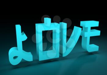 San Valentine card with neon shine LOVE word in 3D effect. Glowing letters. 