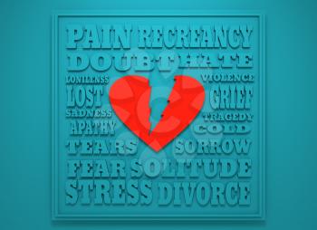 Love relative tags cloud. Heart break reasons. Background relative to valentines day. 3D rendering