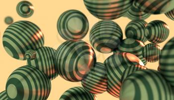 Large group of  orbs or spheres levitation in empty space. 3D rendering. Metallic surface painted by stripes