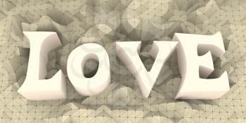 Low poly mountains landscape. 3d illustration. Polygonal mosaic background. Love word