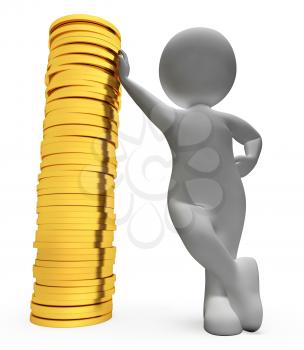 Finance Character Showing Investment Coins And Bank 3d Rendering