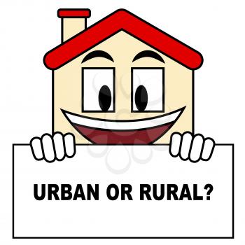 Rural Vs Urban Lifestyle Sign Compares Suburban And Rural Homes. Busy City Living Or Fields And Farmland - 3d Illustration