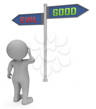 Good Vs Evil Sign Shows Difference Between Moral Honesty And Hate. Crossroads Of Hope Belief Or Hell - 3d Illustration