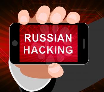 Telephone Hacker Web Espionage Alert 3d Illustration Shows Russian Internet Server Breach. Cybersecurity Protection From Russian Hackers Against American Cellphones Or Smartphones.