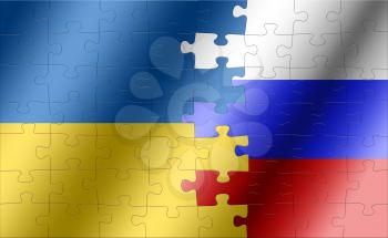 puzzle with the national flag of russia and ukraine on a world map background. 3D illustration