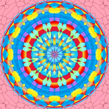 Colorful religious magic mandala circle on a pink background.