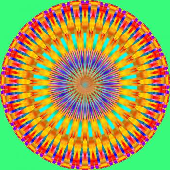 Colorful mandala circle on a green background.