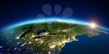New York city from space sunrise. Elements of this image furnished by NASA. 3D rendering