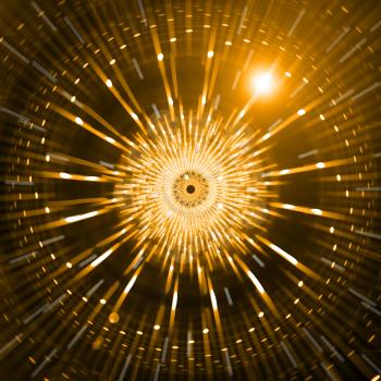 Abstract gold or yellow sci-fi glowing and radiating circular ornamental pattern, background or ornament.