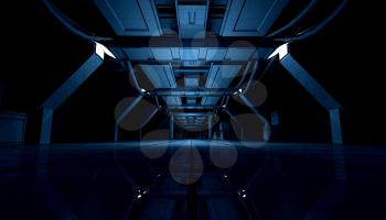 3D rendering of abstract dark blue sci fi futuristic space station or ship interior corridor design.
