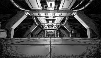 Comic cartoon concept art drawing of dark abstract sci fi futuristic space ship or station interior corridor or hallway design.