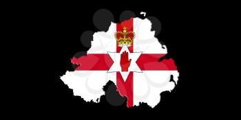 Northern Ireland Ulster Banner. Map With Flag On It Isolated On Black Background 3D illustration