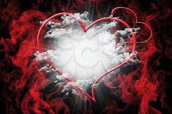 Hearts and White Fluffy Clouds With Red Smoke. Valentine's Day Concept Background 3D Illustration