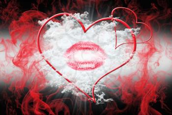 Heart and a Kiss With Red Smoke and White Fluffy Clouds. Valentine's Day Concept 3D Illustration