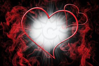 Hearts and Red Smoke With Light Burst. Valentine's Day Love Concept Background 3D Illustration