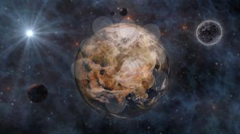 Planet Earth, The Sun, The Moon and Planets In Space 3D Rendering