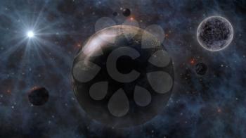 Planet Earth, The Sun, The Moon and Planets In Space 3D Rendering