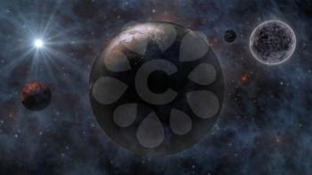 Planet Earth, The Sun, The Moon and Planets In Space 3D Rendering