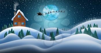 Santa Clause and Reindeers Sleighing Through Christmas Night Over the Snow Fields and Santas House at North Pole