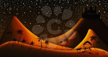 Christmas Nativity Scene Of Three Wise Men Magi Going To Meet Baby Jesus in the Manger with the City of Bethlehem in the distance Illustration