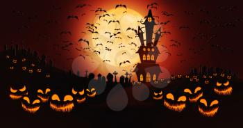 Halloween Pumpkins at Cemetery with Bats Flying Against Full Moon Sky with Haunted Mansion in the Background