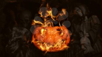 Halloween Pumpkin, Jack O’ Lantern Burning in Flames in a Haunted, Scary Ambient With Grim Reaper and Skeletons